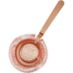 A round cocktail strainer in a rose gold finish with a spiral design and a perforated bowl.