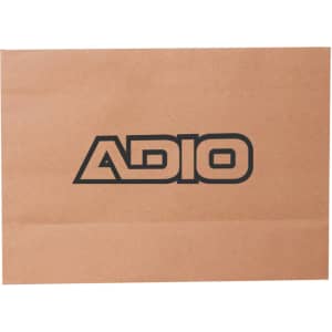 A large brown paper bag with a flat handle and a logo printed on the front.