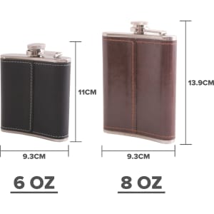 A black and brown classic hip flask set, featuring silver caps and measurements for 6 oz and 8 oz sizes.