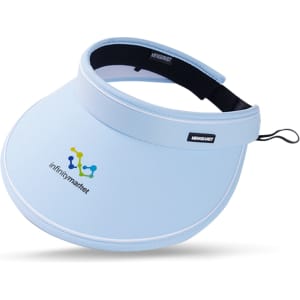 A light blue wide brim sun visor hat with an adjustable strap and a logo on the front.