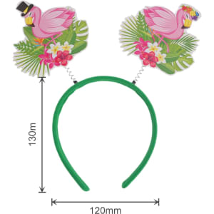 A green headband featuring pink flamingos with tropical decorations on top.
