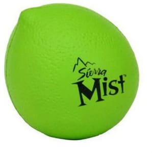 A green lemon-shaped stress reliever with a textured surface and a logo printed on it.