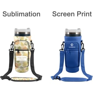 A drink bottle carrier bag in vintage tropical design and a blue version, both with a phone pocket and straps.