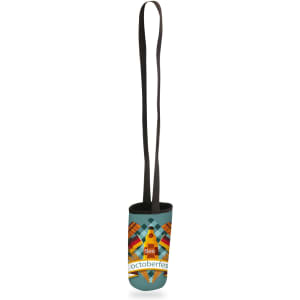 A drink bottle holder in green and black, featuring a lanyard and a decorative design with a logo.