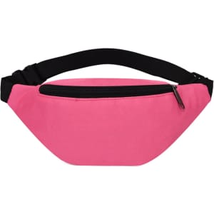 A pink bum bag with a black strap and zipper, featuring a single exterior pocket.