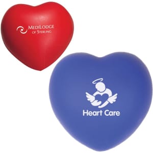 A red and blue heart-shaped stress reliever featuring logos, with a smooth finish.