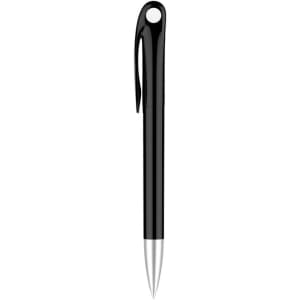 A black barrel pen with a clip and a silver nib, featuring a logo on the barrel.