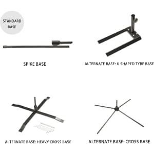 Four different base options for teardrop banners: standard base, spike base, U-shaped tyre base, heavy cross base, and cross base.