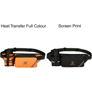 A drink bottle holder in orange and black fanny packs with an adjustable strap and a logo on each.