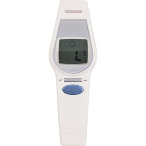 A white touchless digital infrared forehead thermometer with an LCD display and a blue button. It has a simple, ergonomic design.
