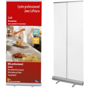 A pull-up banner featuring a red design with a logo, alongside a plain white side. Banner size is 80 x 200cm.