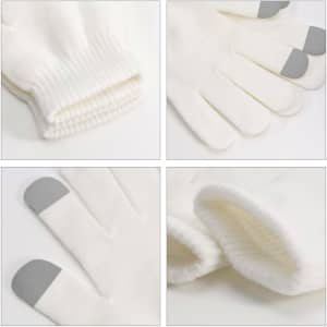 A pair of plain white knitted gloves with grey tips, featuring a woven label and a soft cuff.
