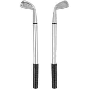 Two silver golf clubs with black grips, featuring distinct club head designs. The image also includes a logo.