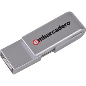 A silver flash drive with a logo, featuring a compact design suitable for technology use.