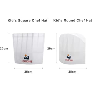 Two kids' chef hats, one square and one round, both white and 20cm tall with a logo on them.