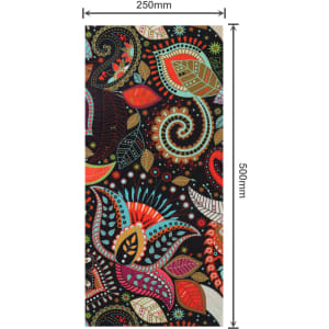 A patterned neck gaiter featuring vibrant colours including red, green, and purple against a black background. It has a logo.