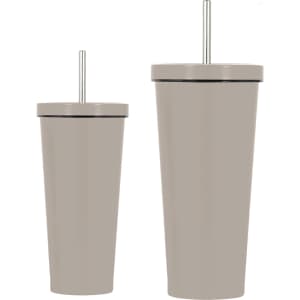 A drink bottle set featuring a light grey double wall stainless steel tumbler with straw in two sizes.