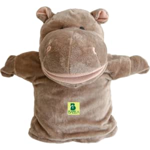 A brown hippopotamus hand puppet with a soft texture, featuring small ears and a green logo on the front.