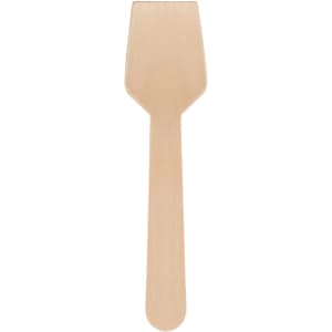 A small disposable birch fork in a light wooden colour, part of a pack of 100 utensils.