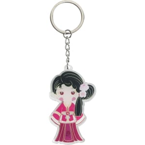 A pink acrylic keyring featuring a cartoon character dressed in traditional attire, attached to a metal ring.