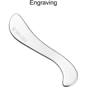 A transparent facial Gua Sha massage tool with a curved design, featuring a logo engraving on one side.