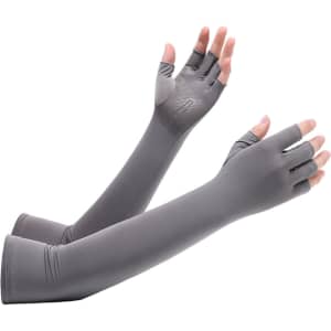 Long sleeve fingerless gloves in grey, designed for sun protection, featuring a sleek and smooth finish.