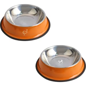 Two pet feeding bowls in orange with stainless steel interiors, featuring a rubber base for stability and one with a logo.