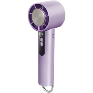 A high-speed cooling fan in a sleek purple design, featuring a circular head and a control button.