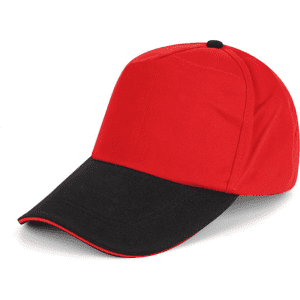 A red and black cap with a sandwich bill and a logo on the front.