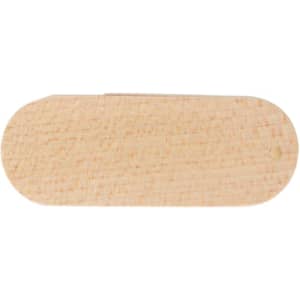 A wooden flash drive in an oval shape, featuring a natural wood finish and a small branding logo.