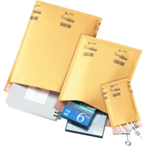A range of padded bubble envelopes in various sizes, featuring a logo, all in a golden yellow colour.