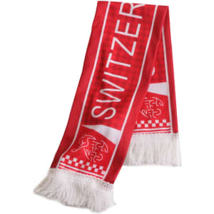 A red scarf with white fringe, featuring a logo and the word "SWITZER". Designed as a clothing accessory.