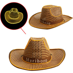 A light-up straw hat featuring a brown woven design with yellow trim and an attached logo.