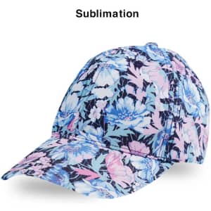 A floral-patterned 6 panel custom cap featuring shades of blue, pink, and white, with a logo on the front.