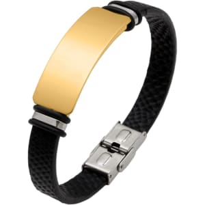 A black leather bracelet with a gold engraved plate and stainless steel clasp, featuring a textured design.