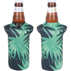 A drink bottle cooler with a tropical leaf design in green and black, featuring two bottle openings and a logo.