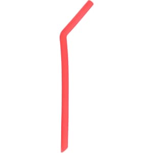 A reusable silicone straw in vibrant red, featuring a curved design. It has a simple branding logo.