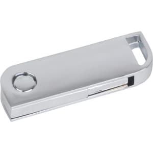 A silver metal swivel flash drive with a sleek design and a circular hole for attachment.