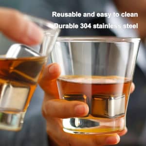 A set of six stainless steel ice cubes in glasses with dark liquid. The cubes are shiny and metallic.