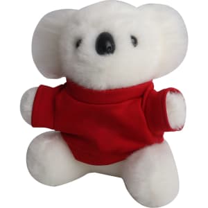 A plush toy koala with soft white fur, wearing a red shirt, and featuring a logo on its chest.