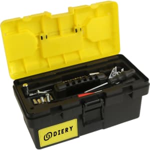 A black tool box with a yellow lid, containing assorted tools and a logo on the front.