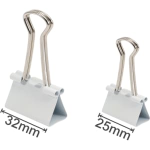 A set of grey binder clips in two sizes, featuring metal handles and a sleek design.