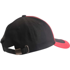 A black cap with a red brim and contrast trim, featuring an adjustable strap at the back.