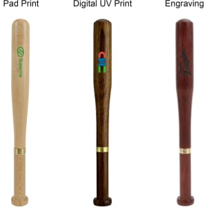 A commercial baseball bat-shaped pen in various finishes: light wood, dark wood, and polished red-brown, all with branding.
