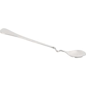 A silver hanging cup spoon with a unique curved design, featuring a long handle and shallow bowl.
