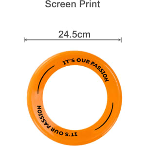 An orange frisbee with a circular design and a logo printed around the edge.