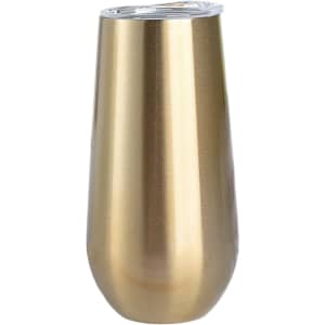 A drink bottle in a shiny gold finish, designed as a 150ml vacuum champagne flute. Features a lid and branding.