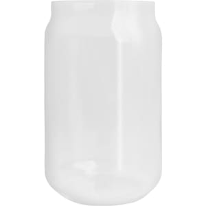 A transparent, can-shaped glass cup with a smooth surface, suitable for various beverages.