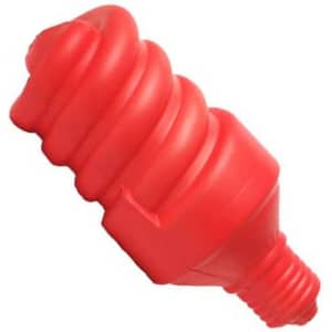 A red stress reliever shaped like an electrical saving lamp, featuring a logo.