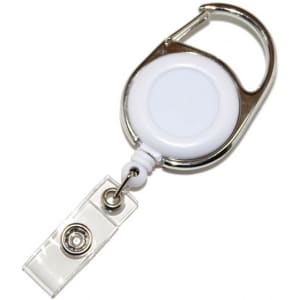 A white carabiner retractable card holder with a clear strap and a metal clip attachment.